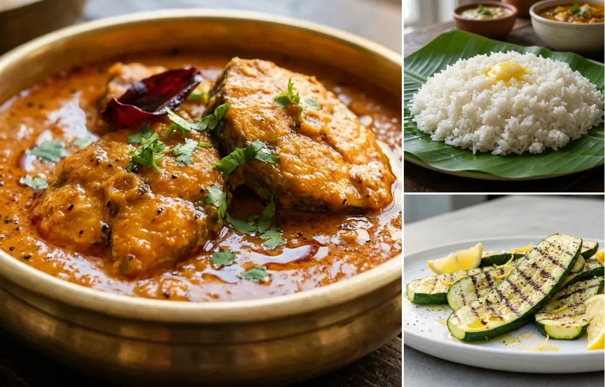 Surmai Curry with Steamed White Rice with Grilled Zucchini