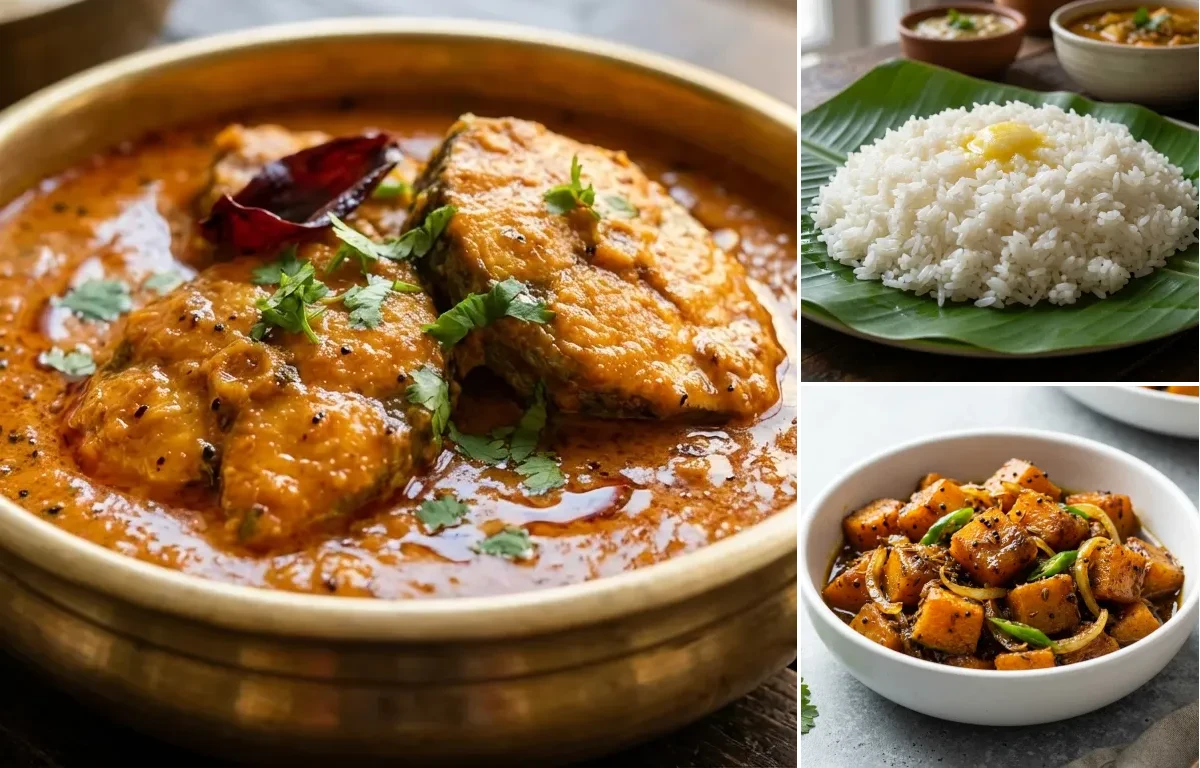 Surmai Curry with Steamed White Rice with Pumpkin Sabzi