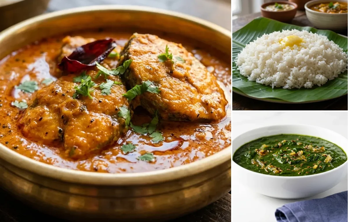Surmai Curry with Steamed White Rice with Jeera Palak