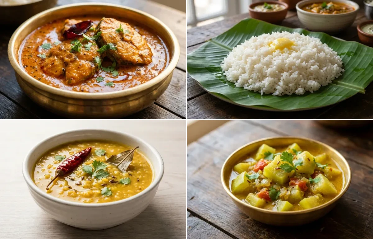 Surmai Curry with Steamed White Rice with Moong Dal with Lauki Sabzi with Dahi
