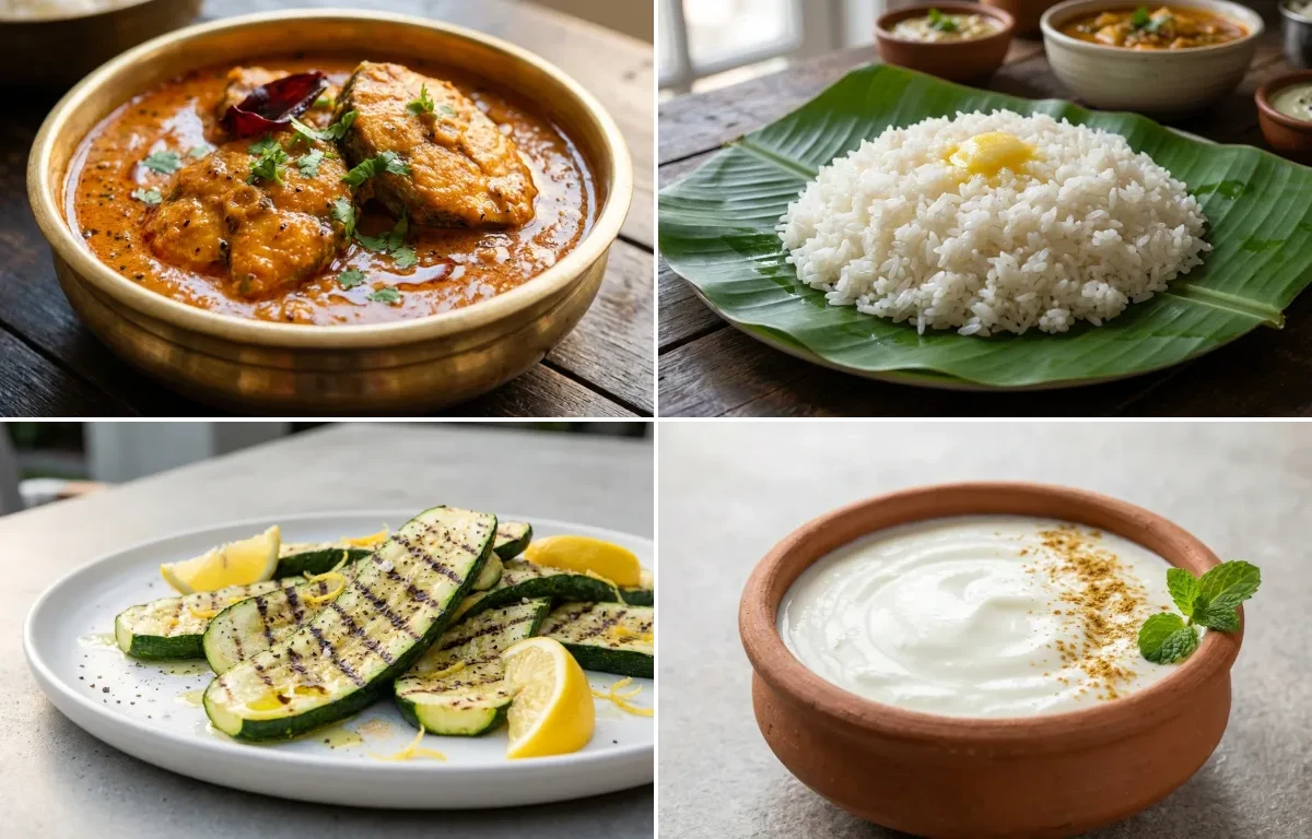 Surmai Curry with Steamed Rice with Grilled Zucchini with Dahi