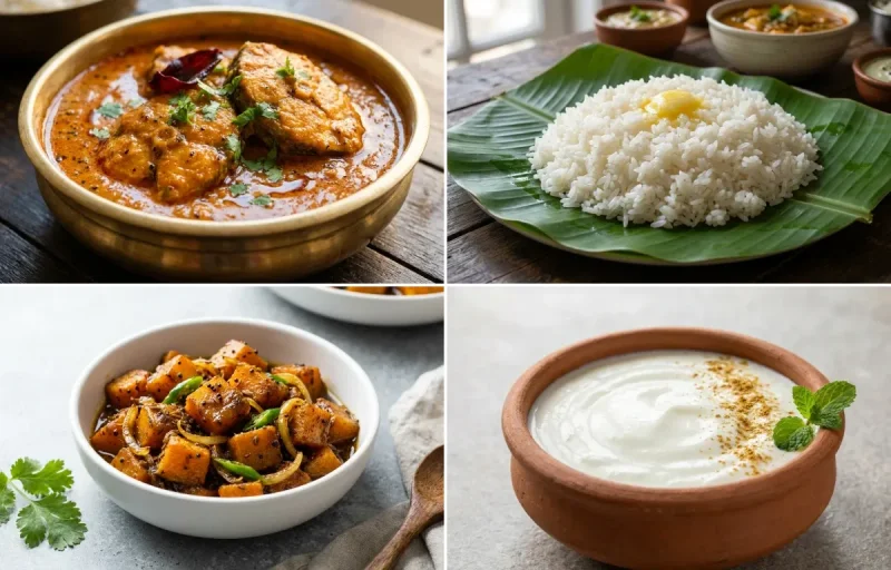 Surmai Curry with Steamed Rice with Pumpkin Sabzi with Dahi