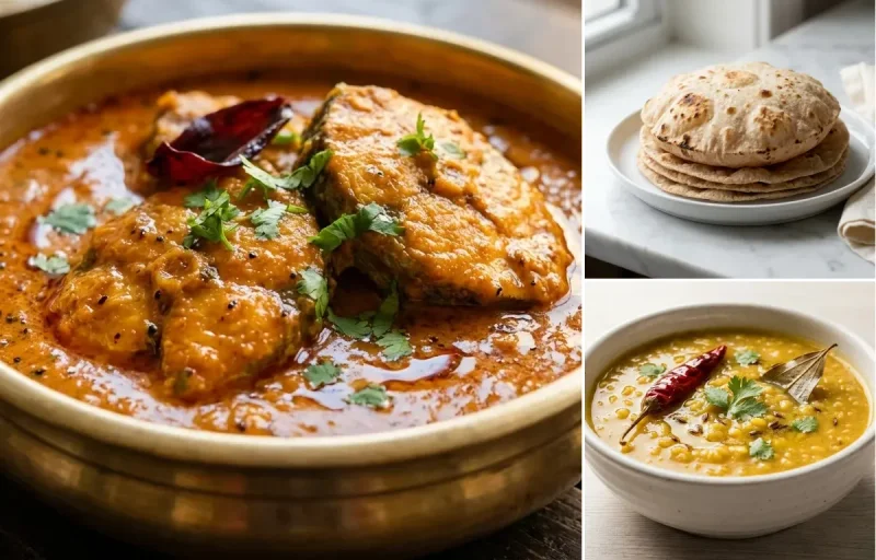 Surmai Curry with Whole-Wheat Phulka with Moong Dal with Beetroot Salad