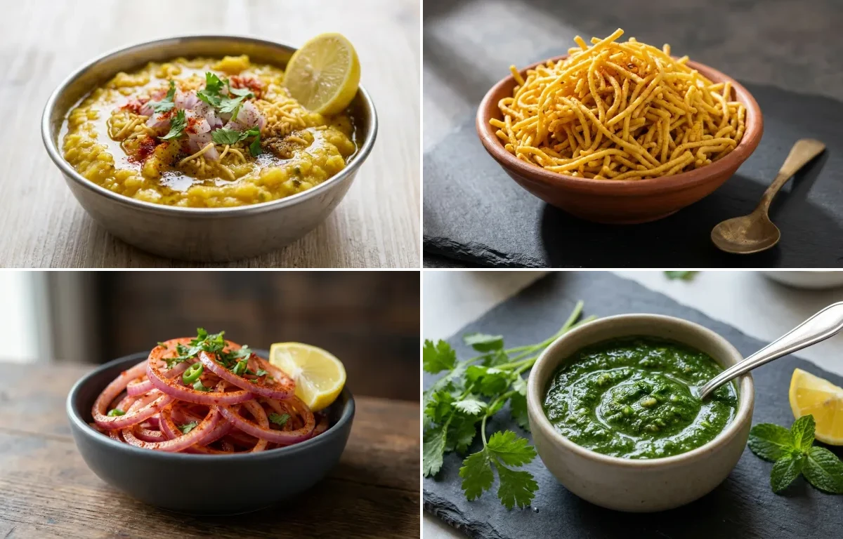 Surti Locho with Besan Sev, Lachha Pyaaz and Coriander Mint Chutney