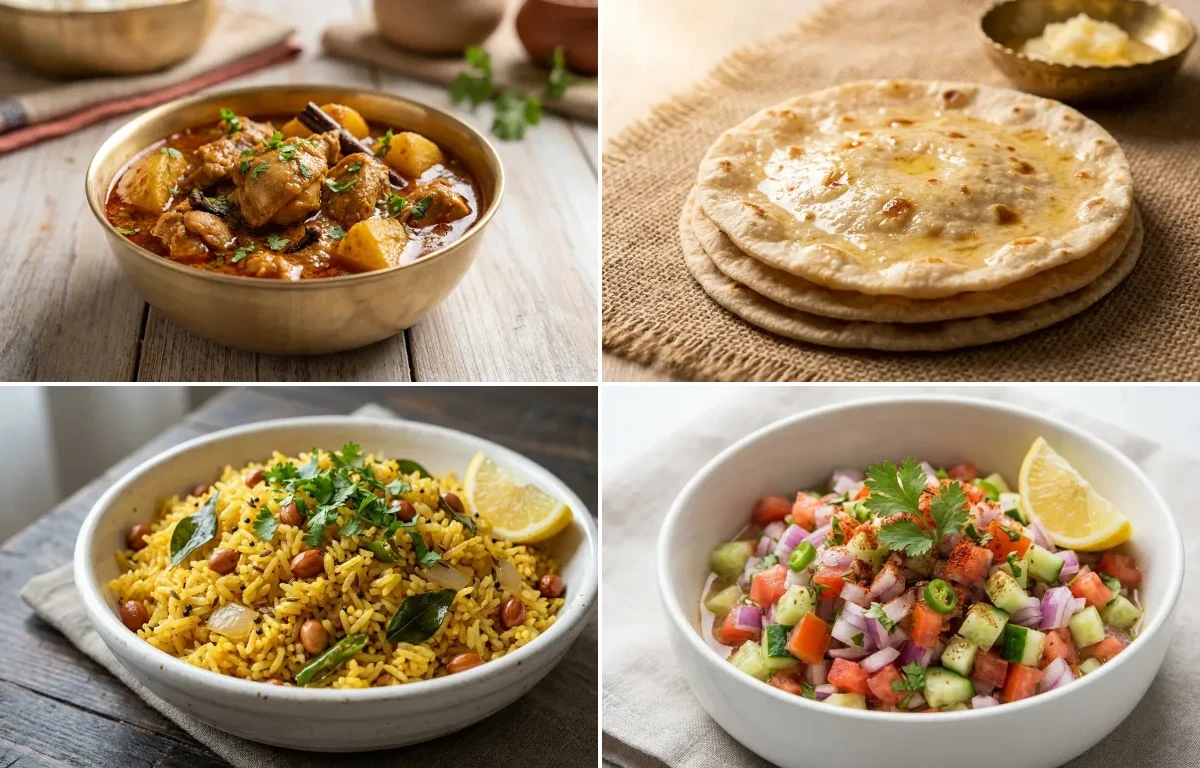 Surti Papeta ma Marghi nu Shaak with Rotli and Vagharela Bhaat