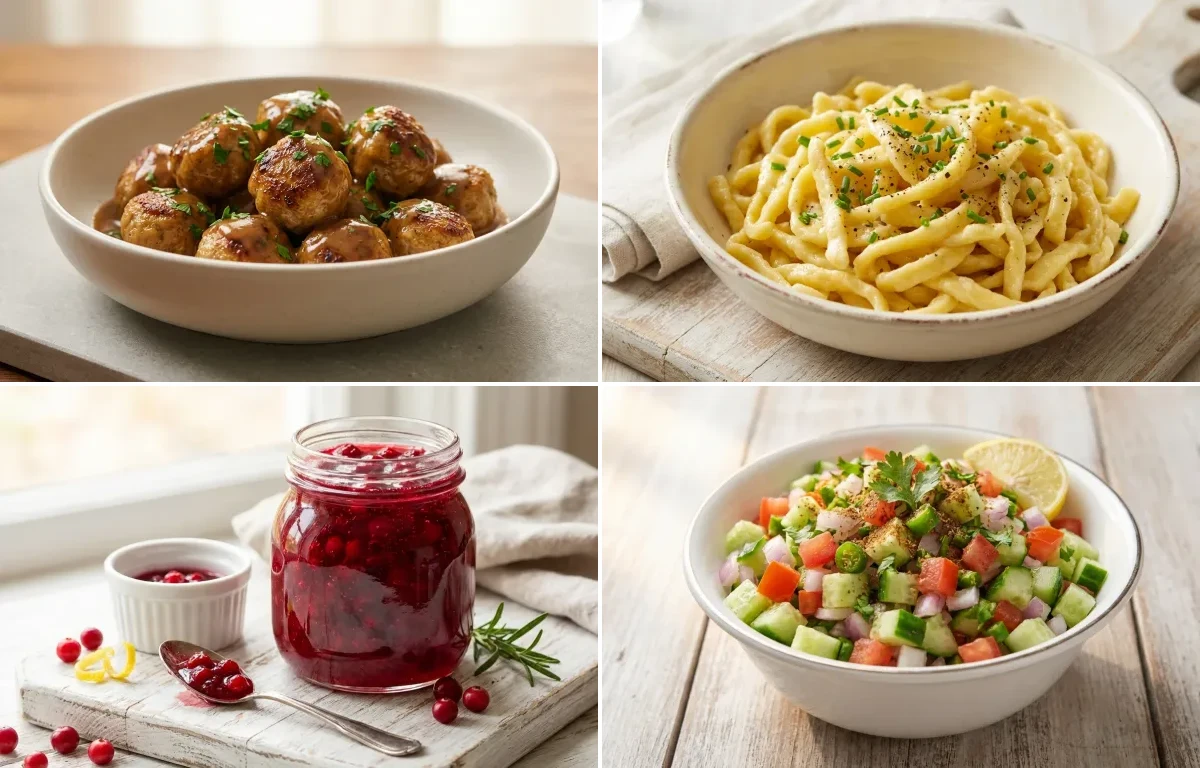 Swedish Meatballs with Egg Noodles, Lingonberry Jam and Kachumber