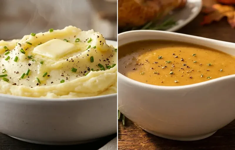 Swedish 'Meatballs' with Garlic Mashed Potatoes, Brown Gravy and Pressgurka