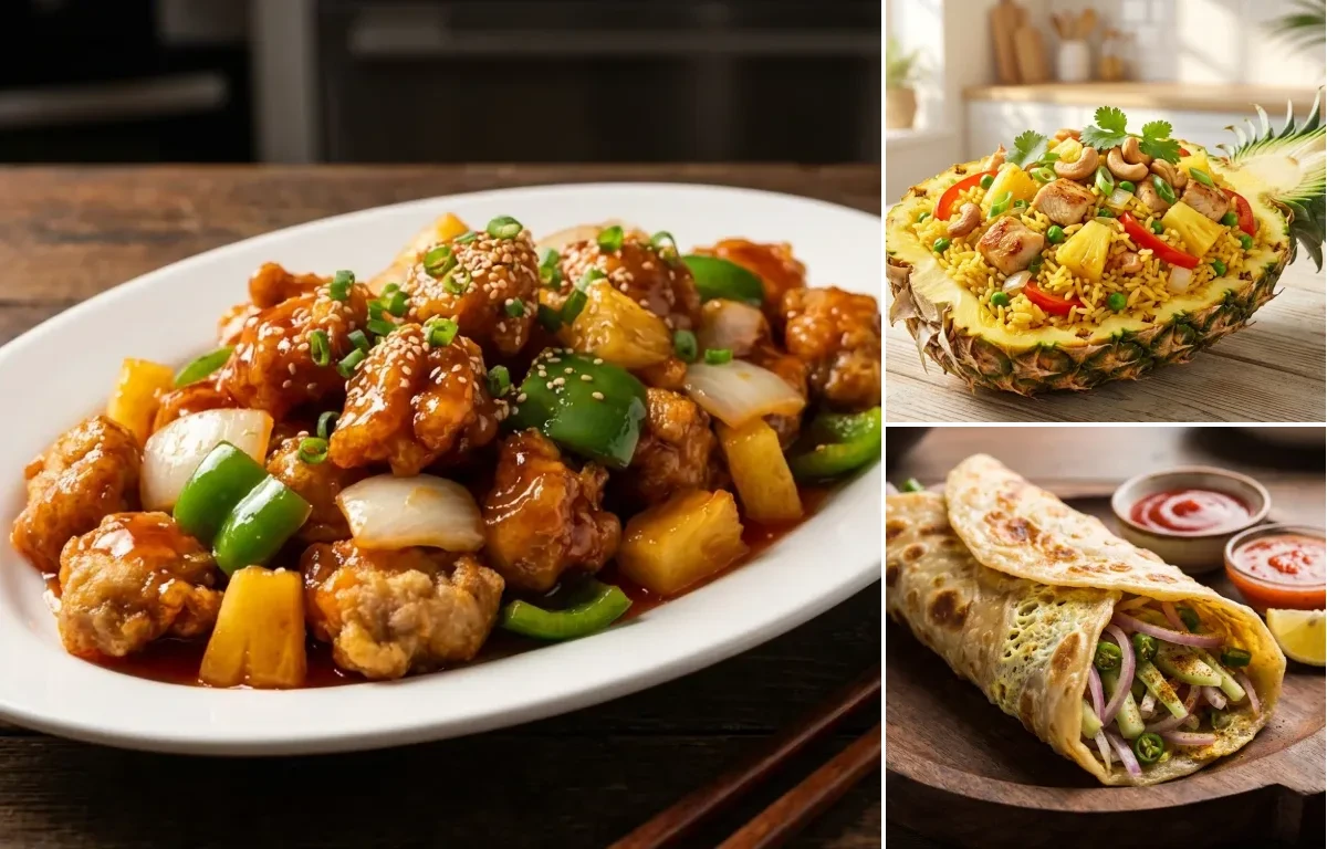 Sweet and Sour Pork with Pineapple Fried Rice and Egg Roll