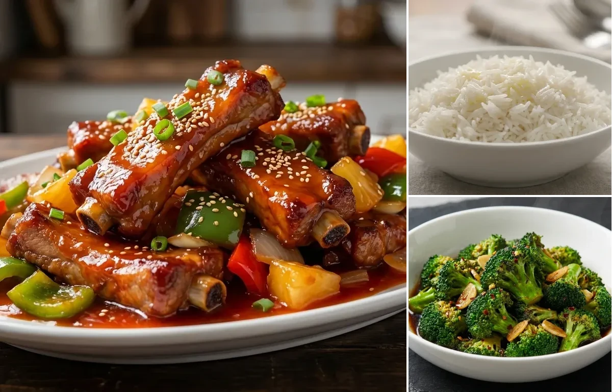 Sweet and Sour Spareribs with Steamed Basmati Rice and Garlic Stir-fried Broccoli