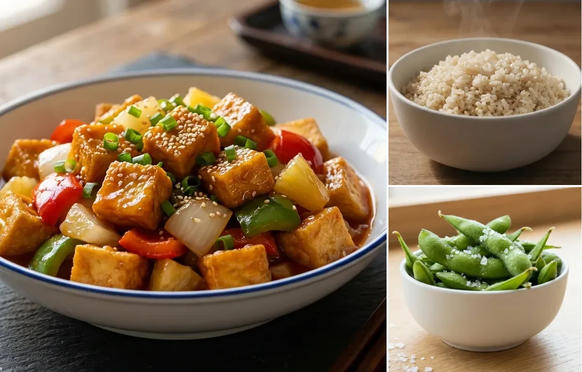 Sweet and Sour Tofu with Brown Rice and Steamed Edamame With Sea Salt