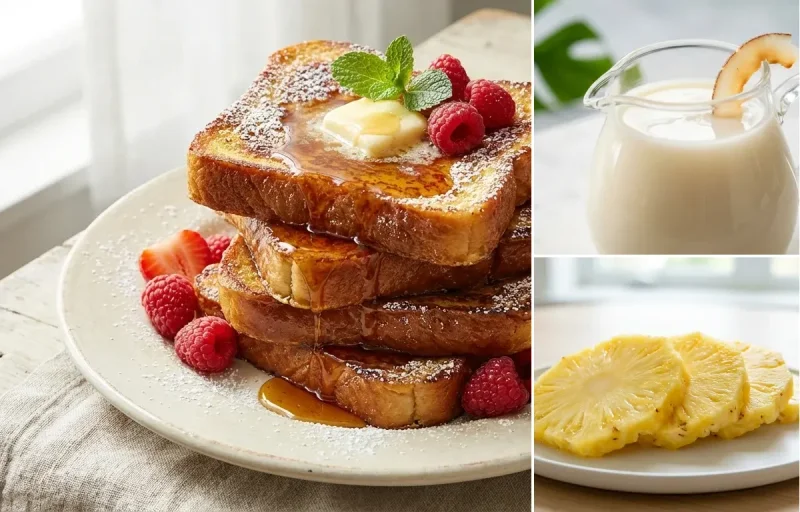 Sweet Bread French Toast with Coconut Syrup and Sliced Pineapple