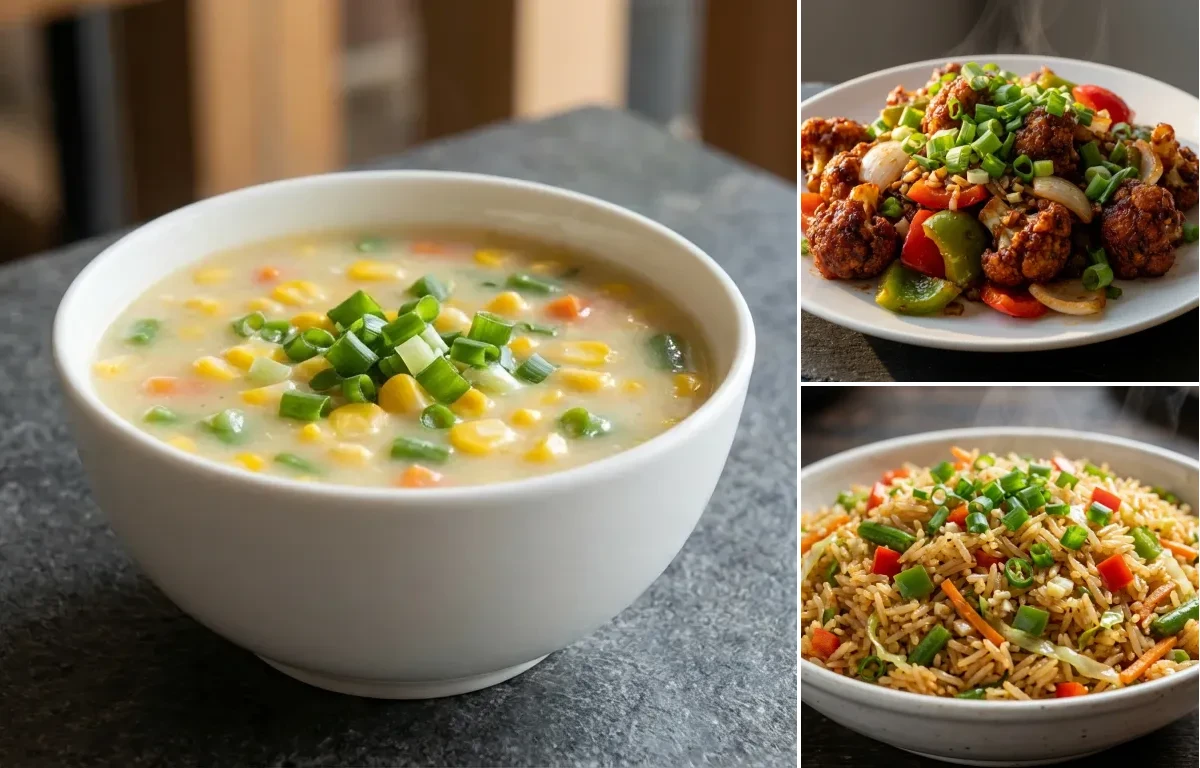 Sweet Corn Soup with Chilli Gobi Dry and Veg Fried Rice