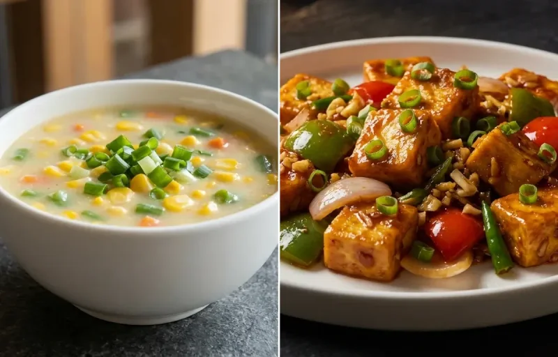 Sweet Corn Soup with Chilli Paneer Dry