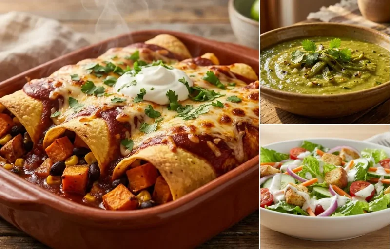 Sweet Potato and Black Bean Enchiladas with Green Chile Sauce and Side Salad