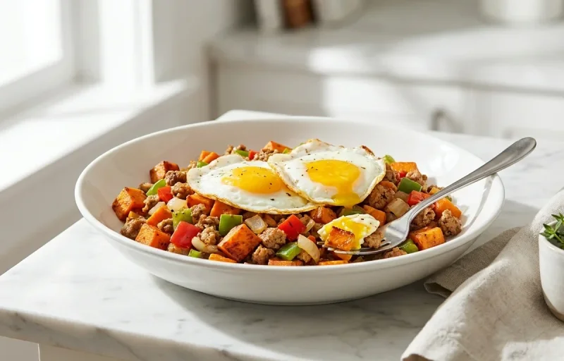 Sweet Potato Hash with Ground Turkey and Fried Eggs