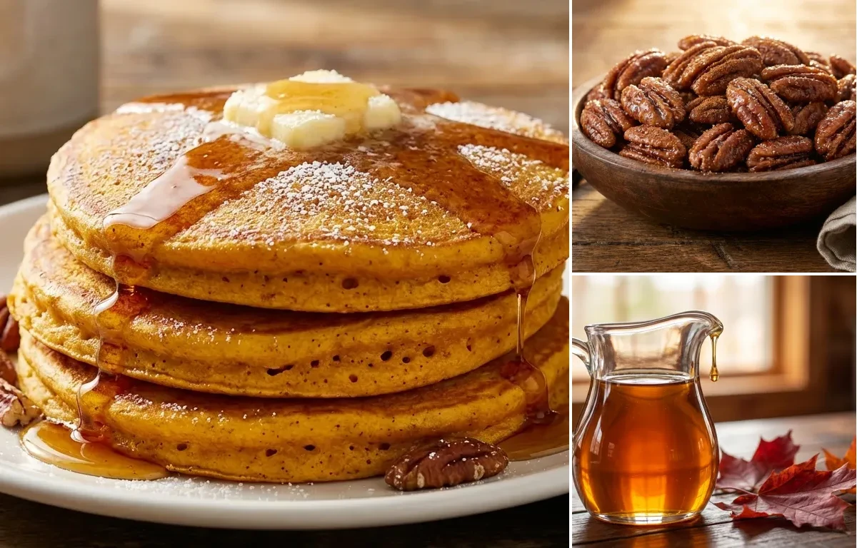 Sweet Potato Pancakes with Candied Pecans and Maple Syrup