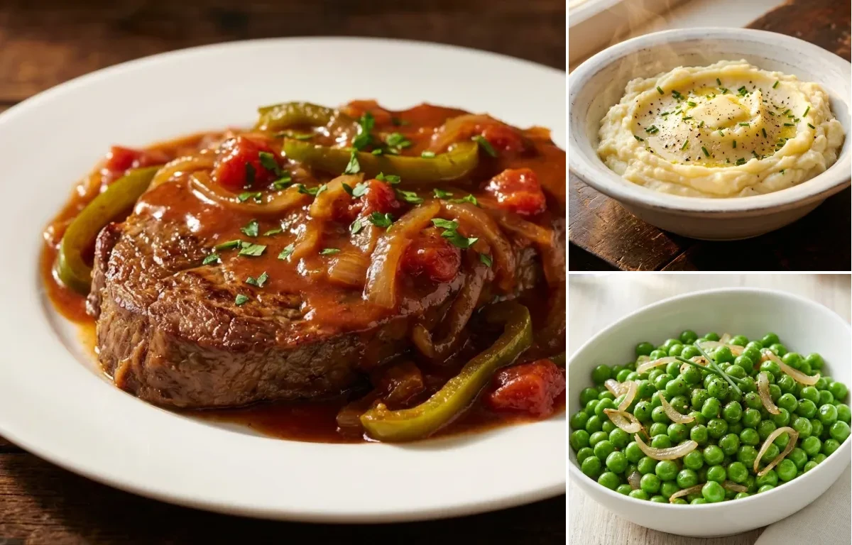 Swiss Steak with Mashed Potatoes and Buttered Peas