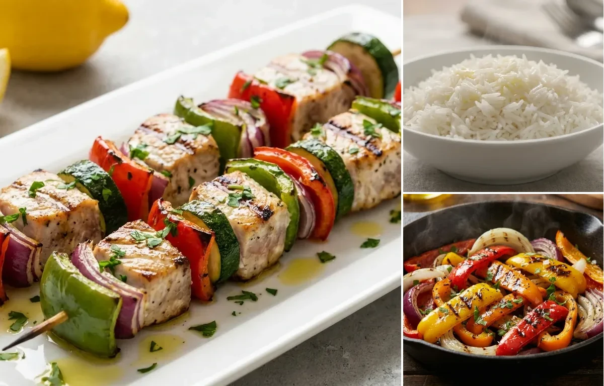 Swordfish Kebabs with Steamed Basmati Rice and Grilled Peppers and Onions