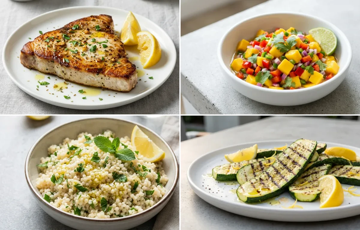 Swordfish Steak with Mango Salsa, Herbed Couscous and Grilled Zucchini