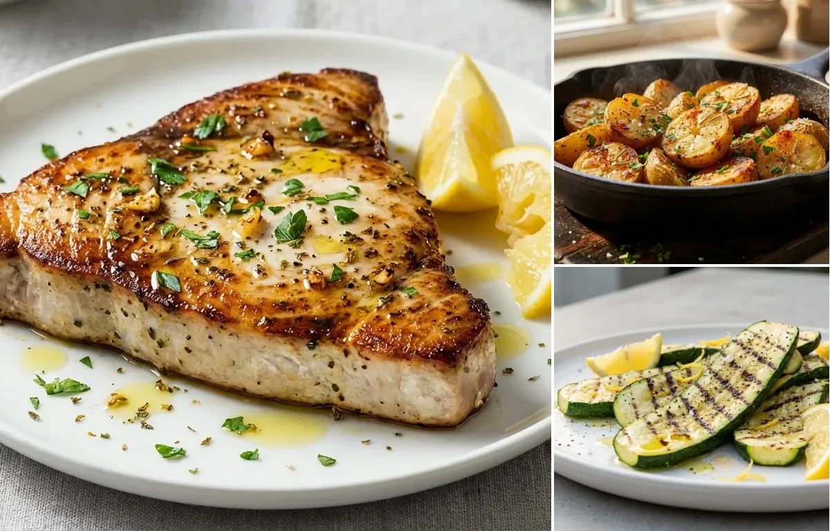Swordfish Steak with Roasted Potatoes and Grilled Zucchini