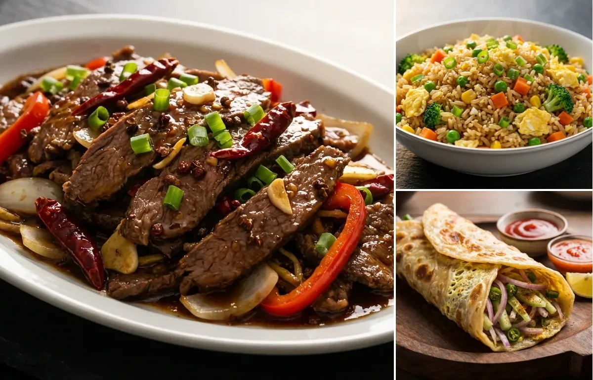 Szechuan Beef with Vegetable Fried Rice and Egg Roll