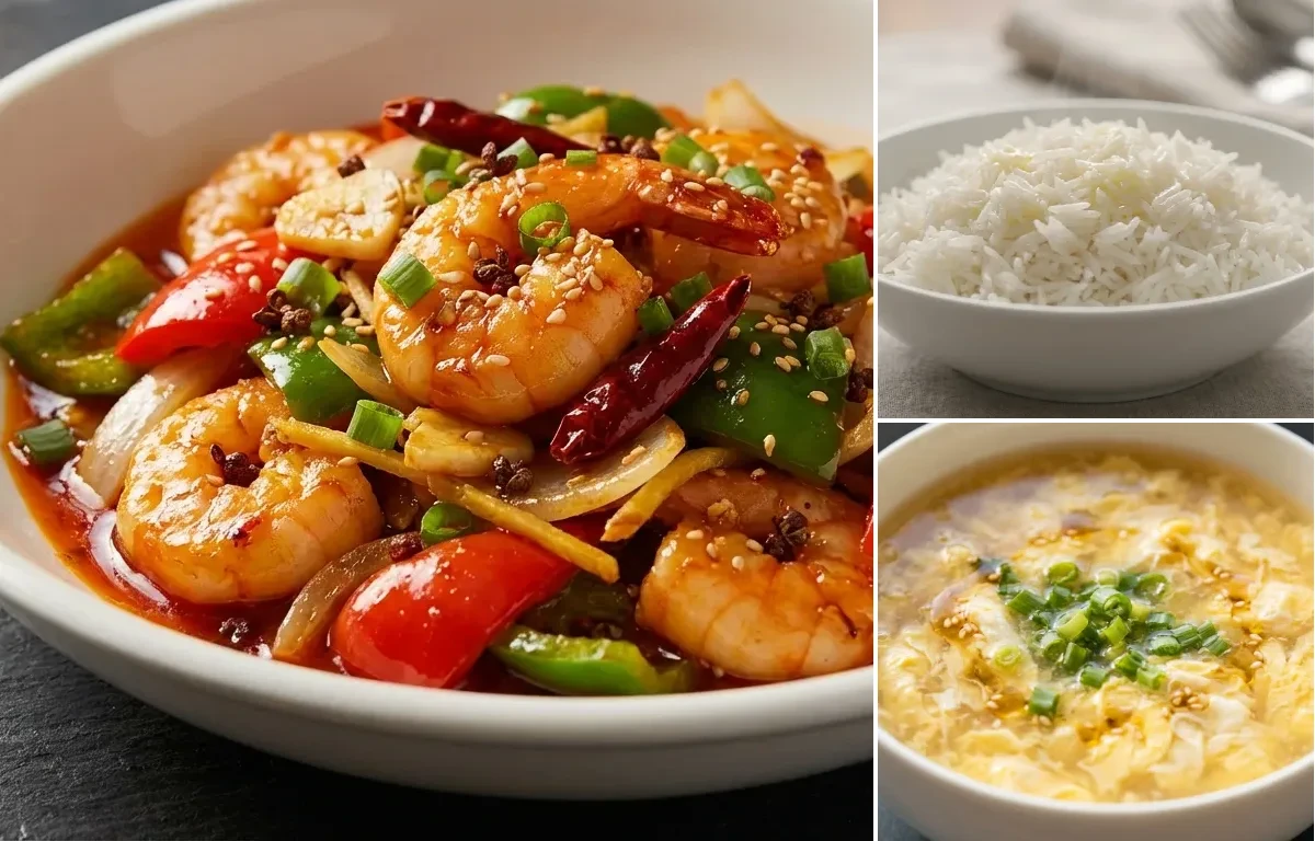 Szechuan Shrimp with Steamed Basmati Rice and Egg Drop Soup