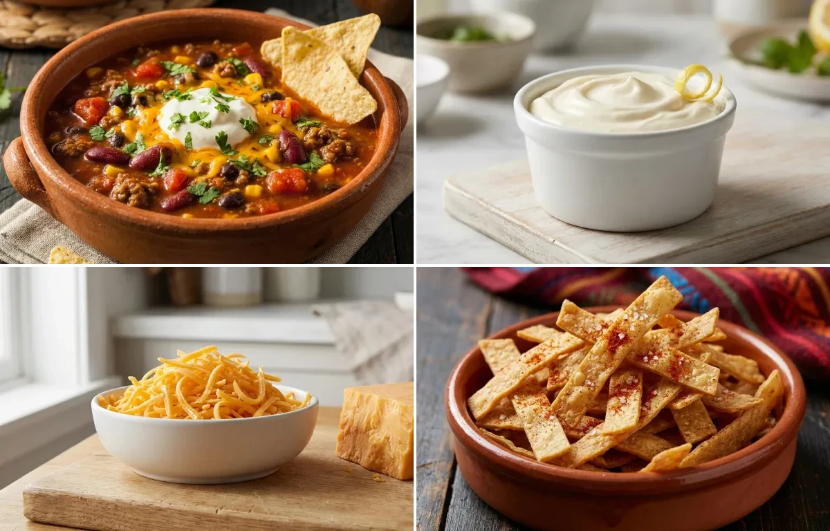 Taco Soup with Sour Cream, Shredded Cheese and Tortilla Strips