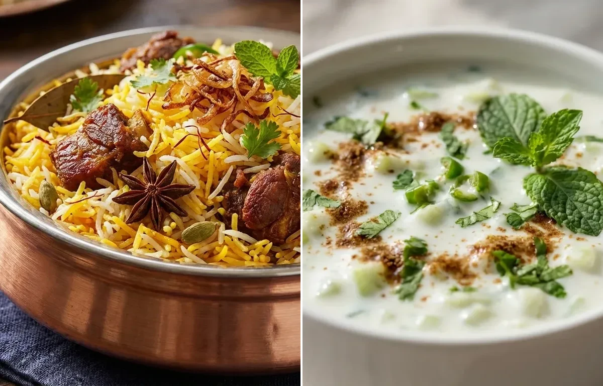 Tala Hua Gosht Biryani with Cucumber Raita