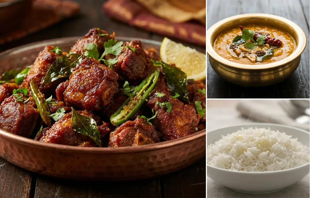 Tala Hua Gosht with Khatti Dal and Steamed Basmati Rice