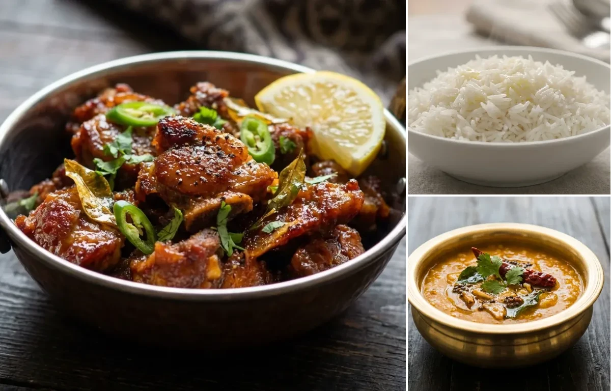 Talawa Gosht with Steamed Basmati Rice and Khatti Dal