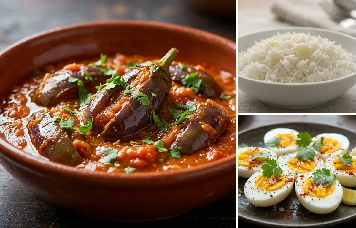 Tamatar Wangun with Steamed Basmati Rice and Boiled Egg
