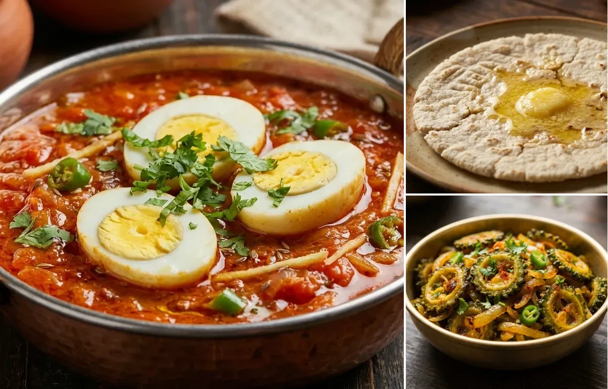 Tamatey mein Beeda with Jowar Bhakri and Karela Basar