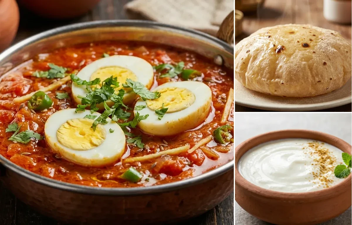 Tamatey mein Beeda with Phulka and Dahi