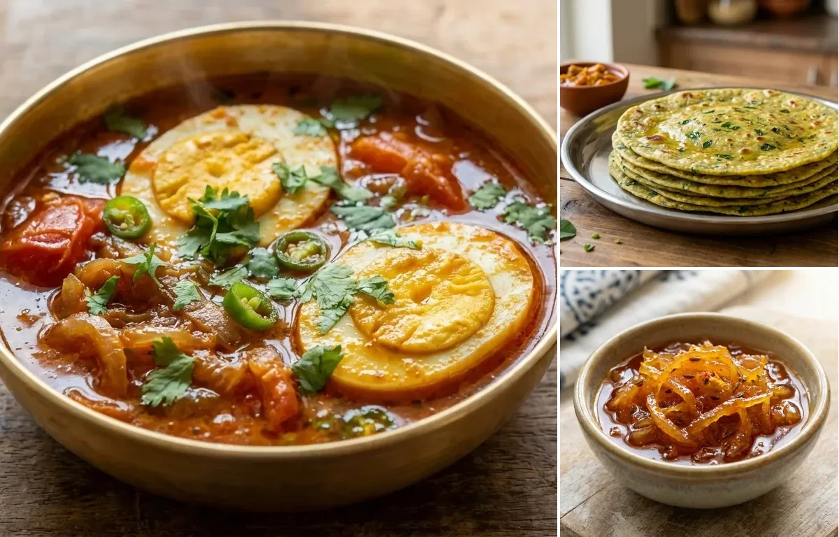 Tameta Inda nu Shaak with Methi Thepla and Gujarati Aam Chundo