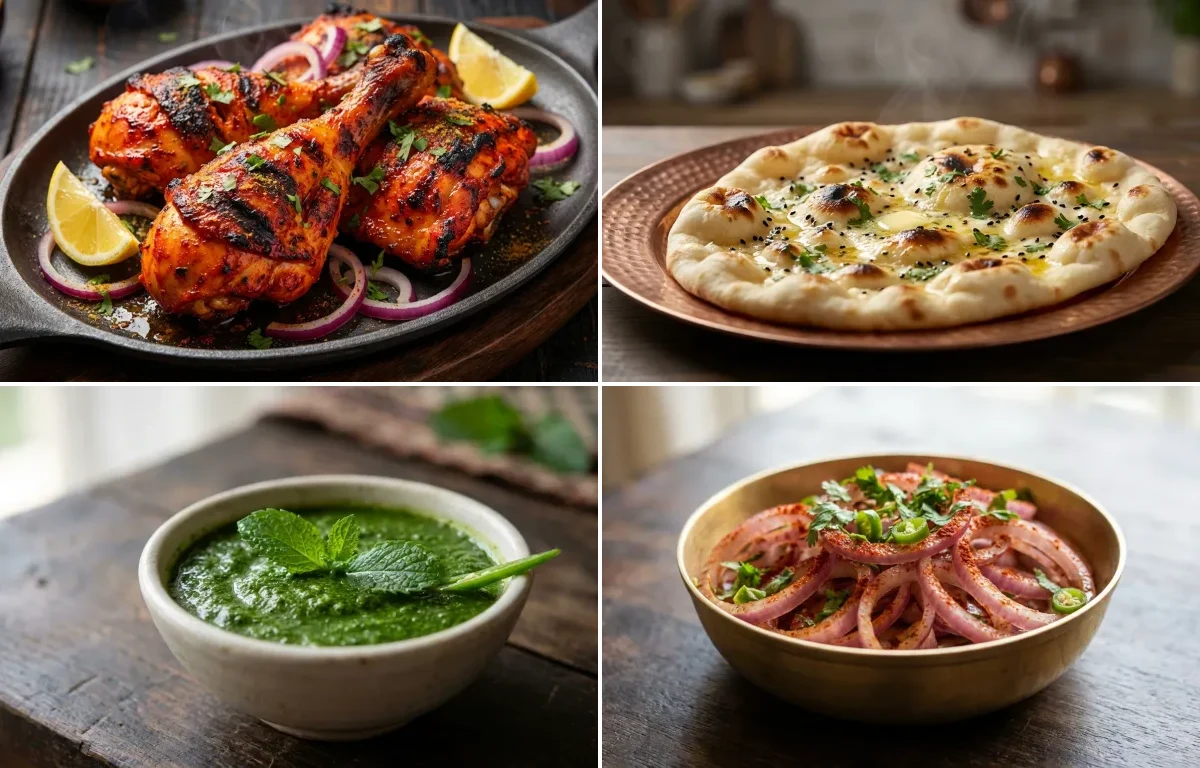 Tandoori Chicken with Butter Naan, Mint Chutney and Onion Salad