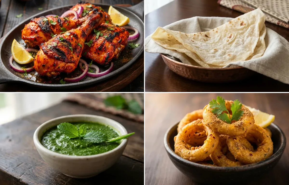 Tandoori Chicken with Roomali Roti, Mint Chutney and Indian Onion Rings
