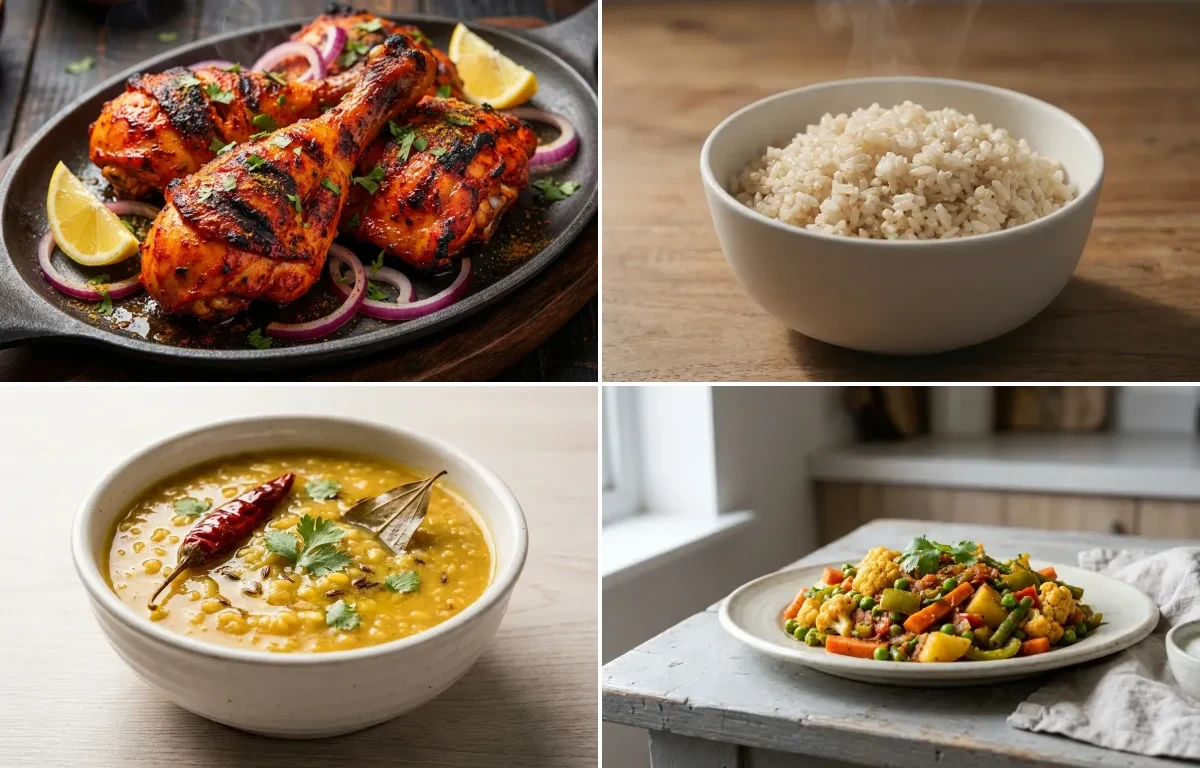 Tandoori Chicken with Steamed White Rice with Moong Dal with Mixed Vegetable Sabzi with Dahi