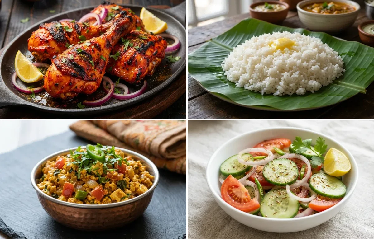 Tandoori Chicken with Steamed White Rice with Paneer Bhurji with Green Salad