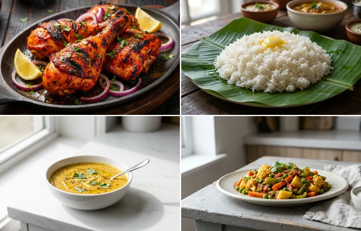 Tandoori Chicken with Steamed White Rice with Toor Dal with Mixed Vegetable Sabzi