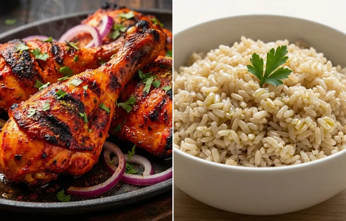 Tandoori Chicken with Steamed Steamed White Rice and Carrot Beans Poriyal