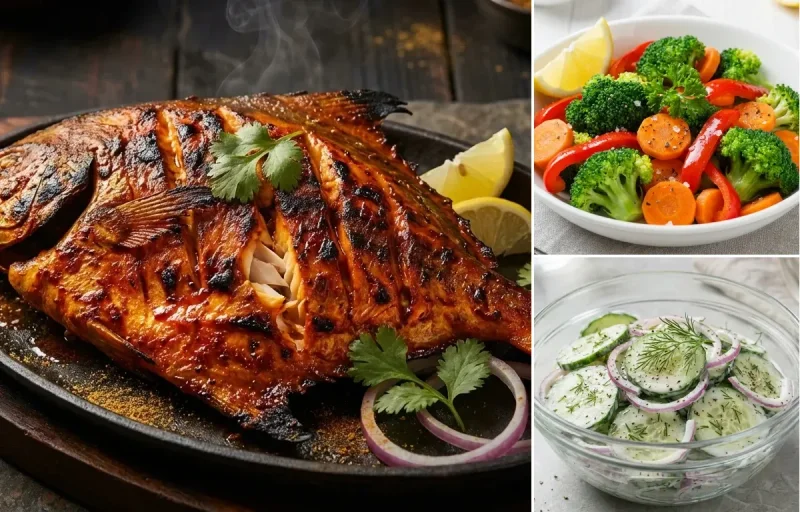 Tandoori Pomfret with Steamed Vegetables with Cucumber Salad