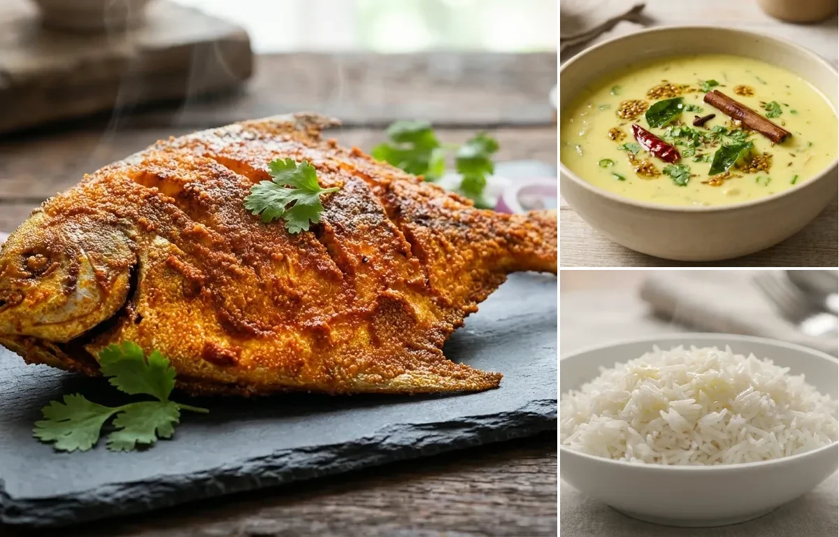 Tarela Machli with Gujarati Kadhi and Steamed Basmati Rice