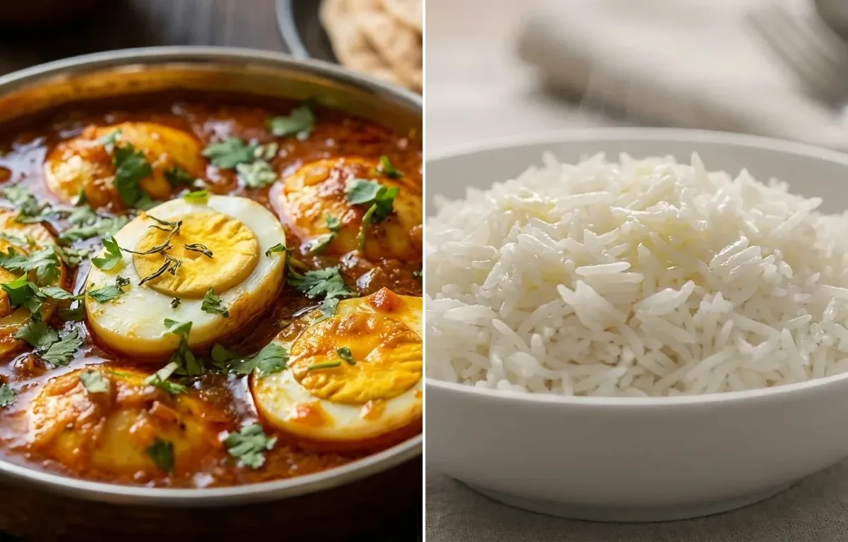 Tari Wale Ande with Steamed Basmati Rice