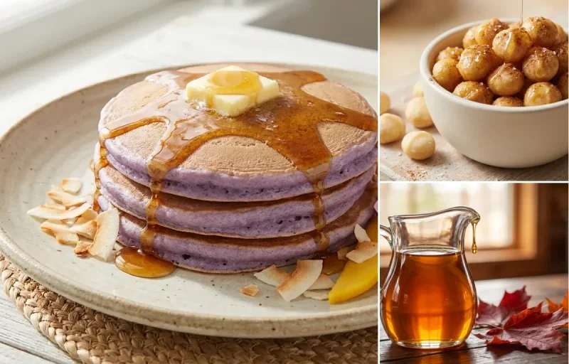 Taro Pancakes with Honey Roasted Macadamia Nuts and Maple Syrup
