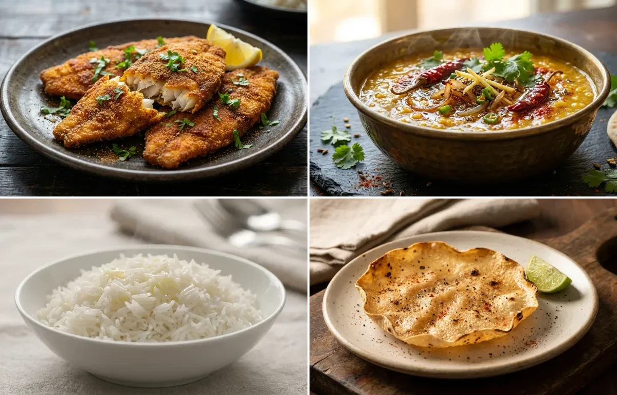 Taryal Machhi with Dal Tadka and Steamed Basmati Rice