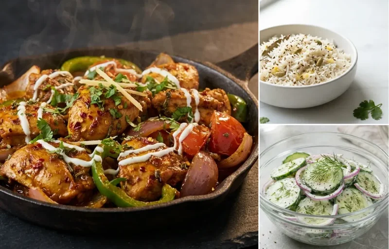 Tawa Chicken with Jeera Rice (Microwave) with Cucumber Salad