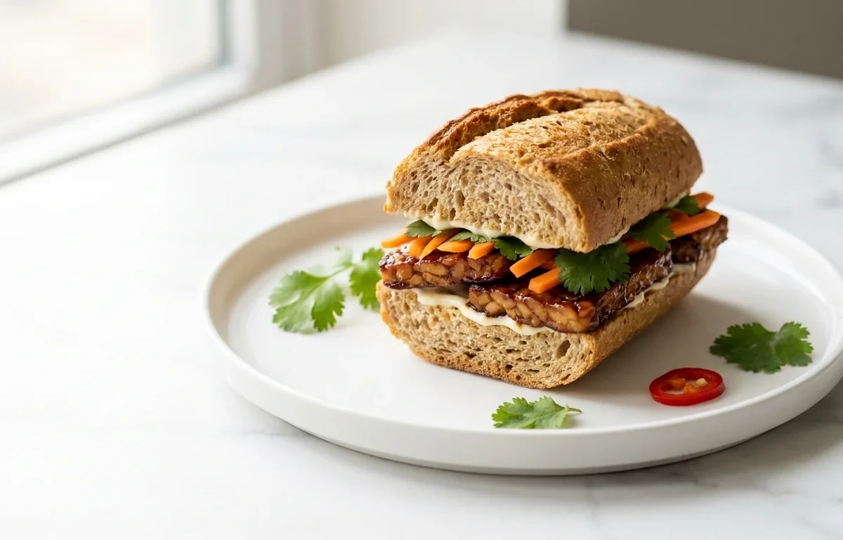 Tempeh Banh mi with Pickled Vegetables and Sriracha Mayo Vegan Protein