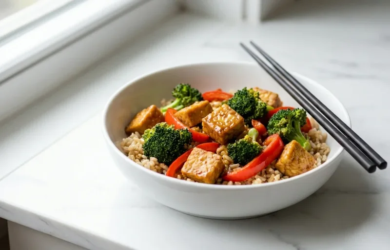 Tempeh Stir Fry with Vegetables over Steamed White Rice