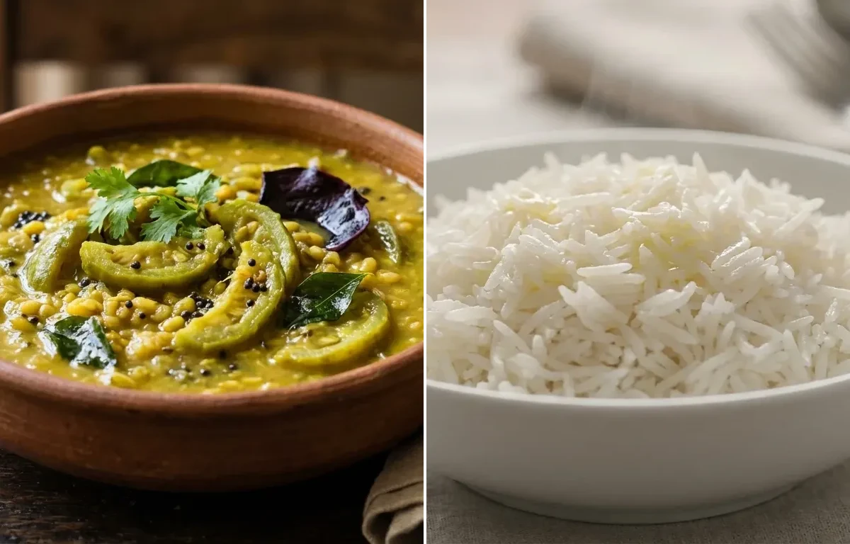 Tendli ani Moong Ambat with Steamed Basmati Rice