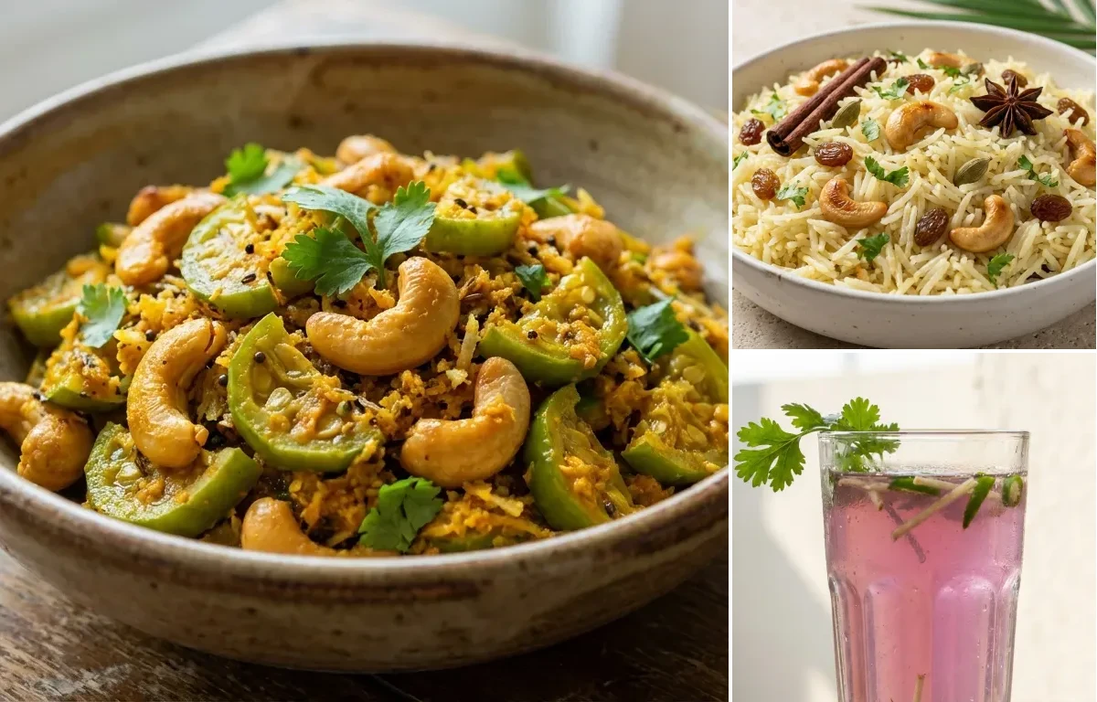 Tendli Cashew Sukhem with Goan Coconut Rice and Futi Kadi